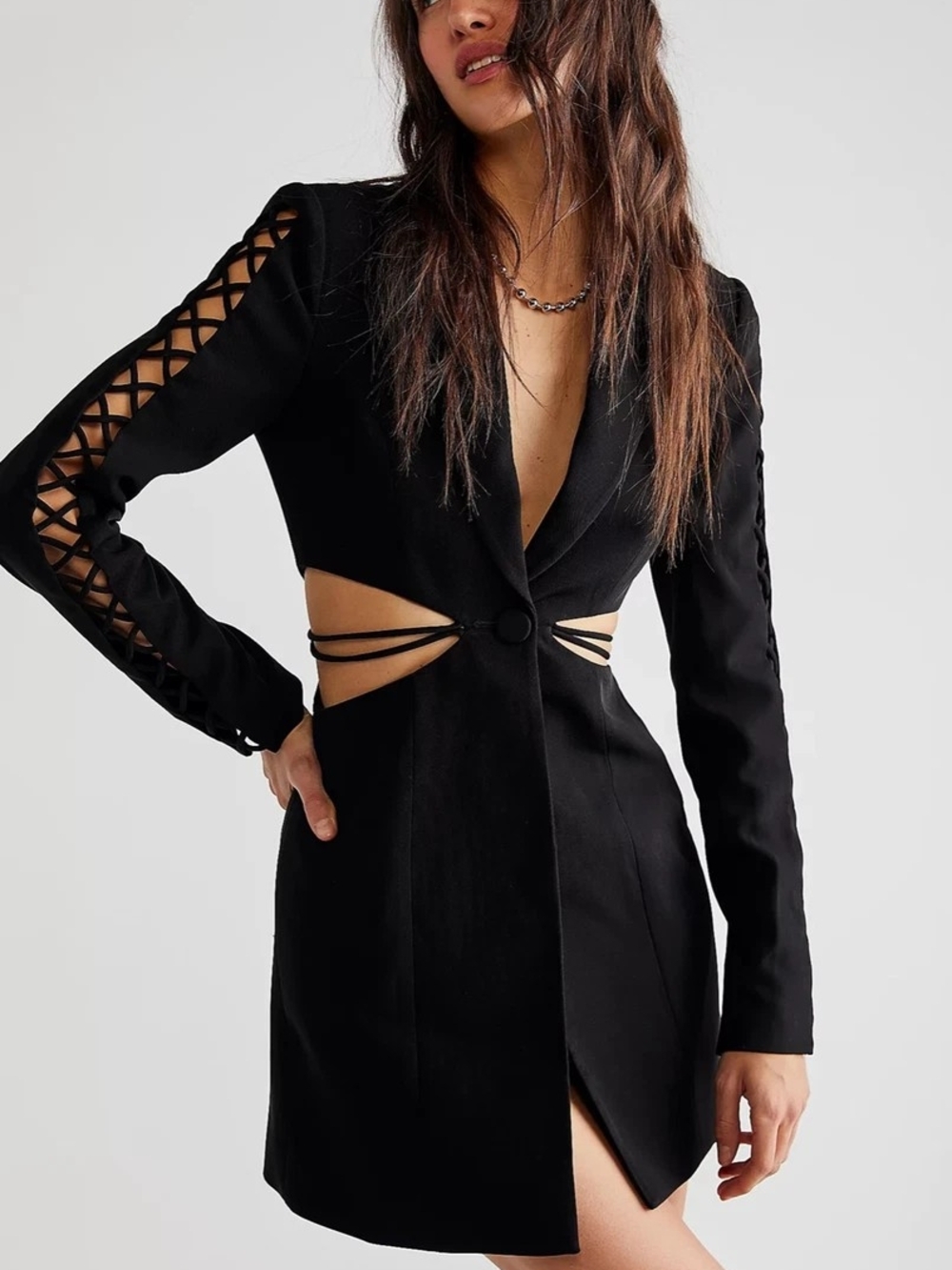 Boskemper X Free People Black Cutout Blazer Dress with Lattice Sleeve Detail